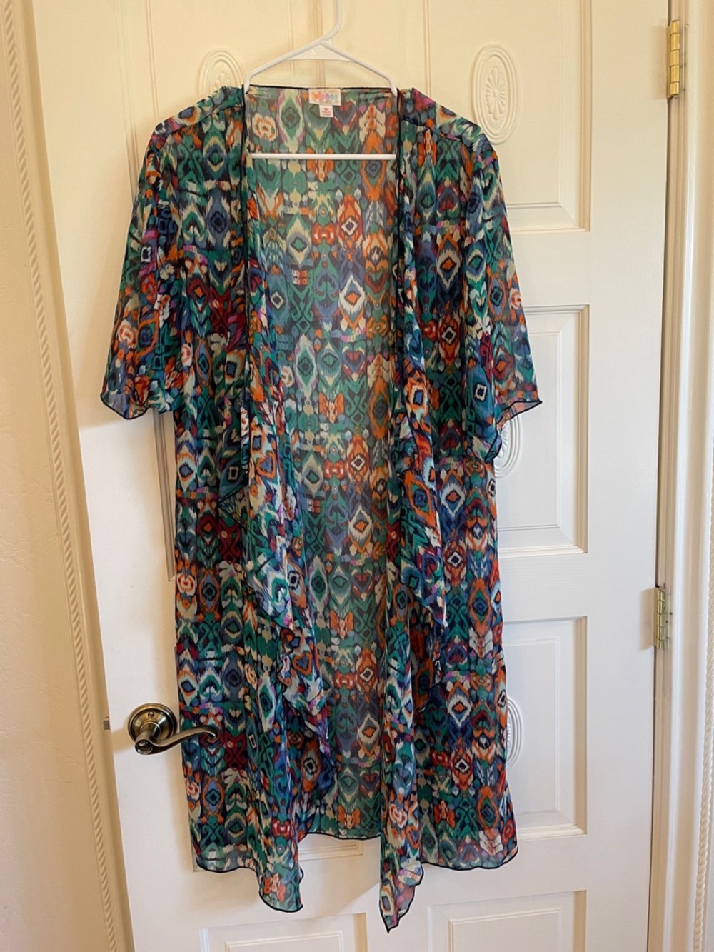 LuLaRoe Multicolor Sheer Kimono — Teal, Orange, Navy & Purple Pattern